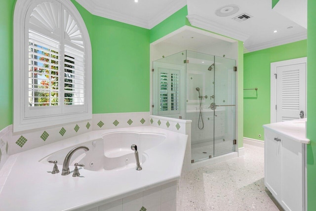 full bath with a stall shower, visible vents, vanity, ornamental molding, and speckled floor