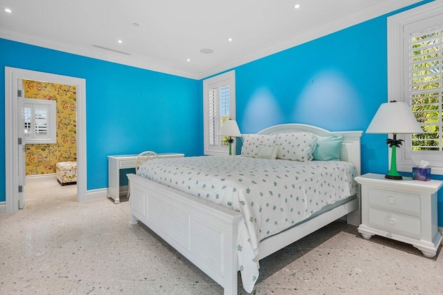 bedroom with ornamental molding, recessed lighting, and baseboards