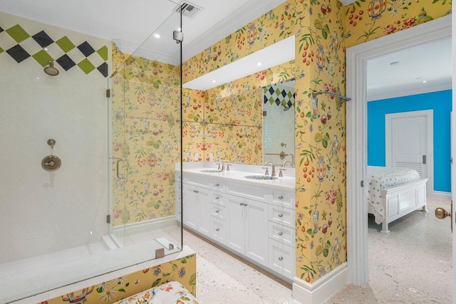 ensuite bathroom featuring double vanity, wallpapered walls, visible vents, ensuite bathroom, and a sink