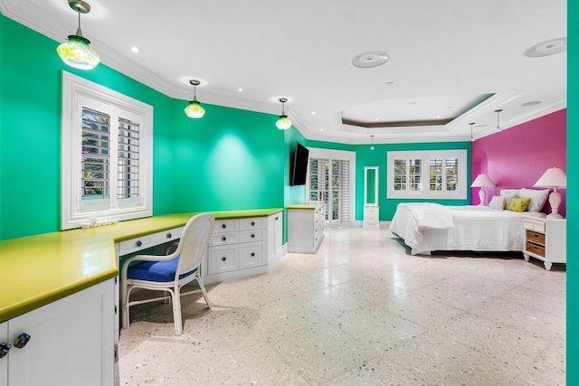 bedroom with a tray ceiling, crown molding, baseboards, and recessed lighting