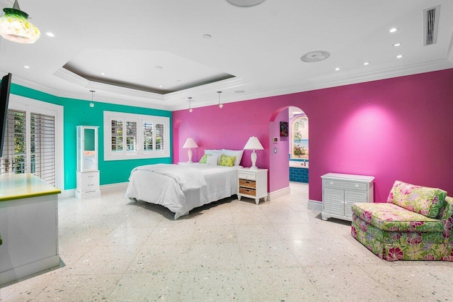 bedroom with arched walkways, a raised ceiling, visible vents, ornamental molding, and baseboards