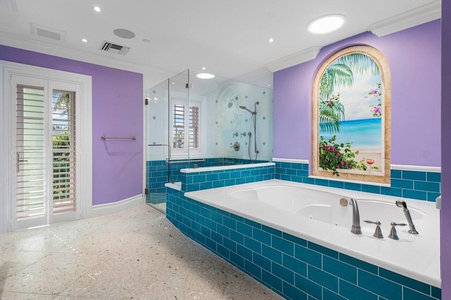 full bath with visible vents, crown molding, a shower stall, and a bath