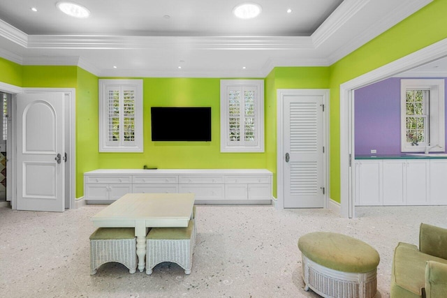 living room with baseboards, plenty of natural light, a tray ceiling, and crown molding