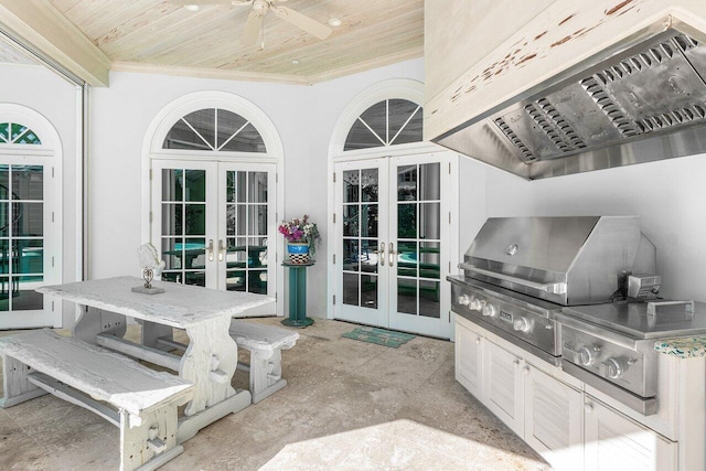 view of patio with a ceiling fan, french doors, grilling area, and an outdoor kitchen