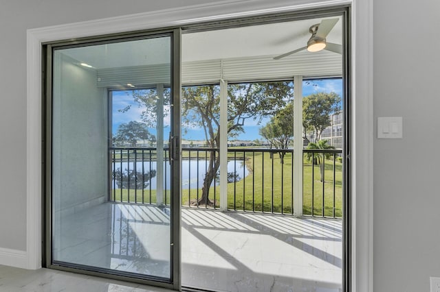 doorway to outside featuring ceiling fan and a water view