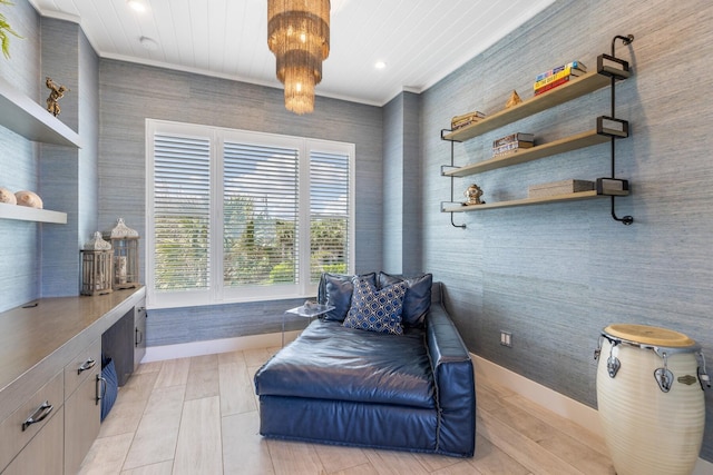 living area with crown molding, recessed lighting, and light wood finished floors