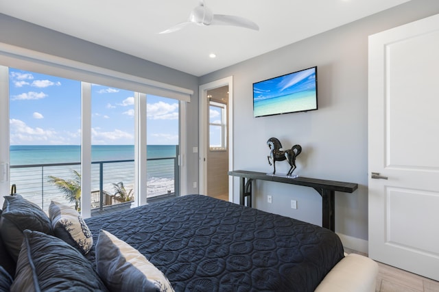 bedroom with access to exterior, recessed lighting, a ceiling fan, and baseboards