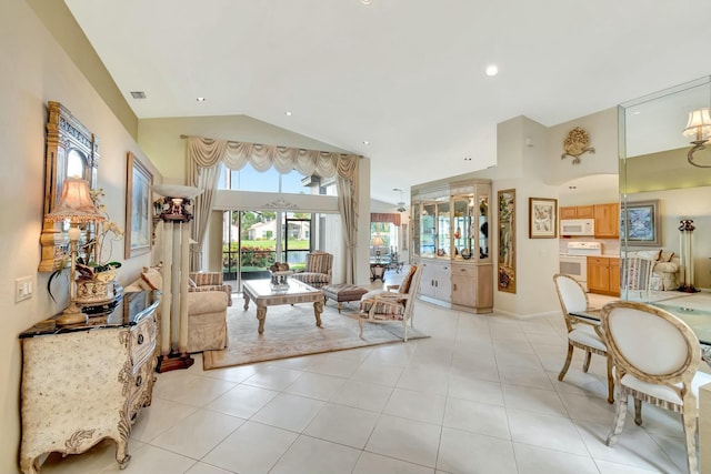 tiled living room with lofted ceiling