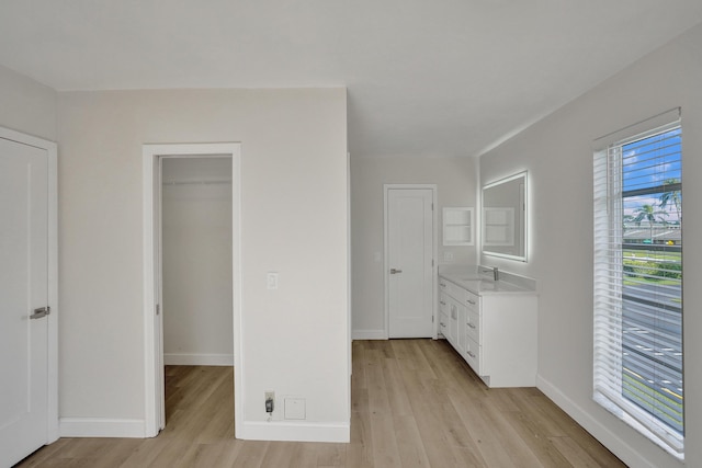 unfurnished bedroom featuring a walk in closet, sink, and light hardwood / wood-style floors