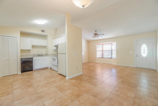 kitchen featuring sink, white cabinetry, vaulted ceiling, ceiling fan, and white appliances