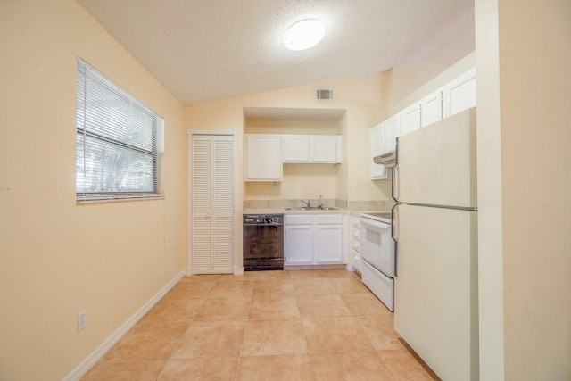 kitchen with vaulted ceiling, white cabinetry, sink, light tile patterned floors, and white appliances