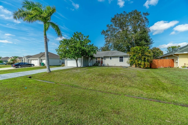 ranch-style house with a garage and a front lawn