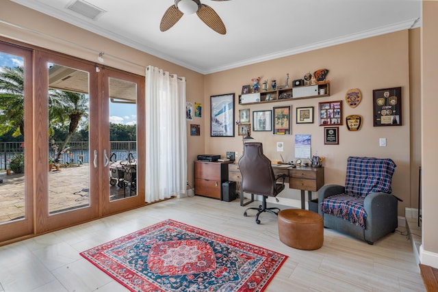 office space with french doors, ceiling fan, and crown molding