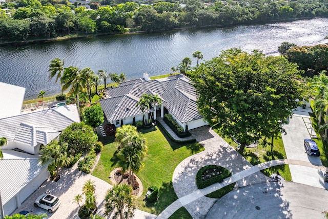 bird's eye view with a water view