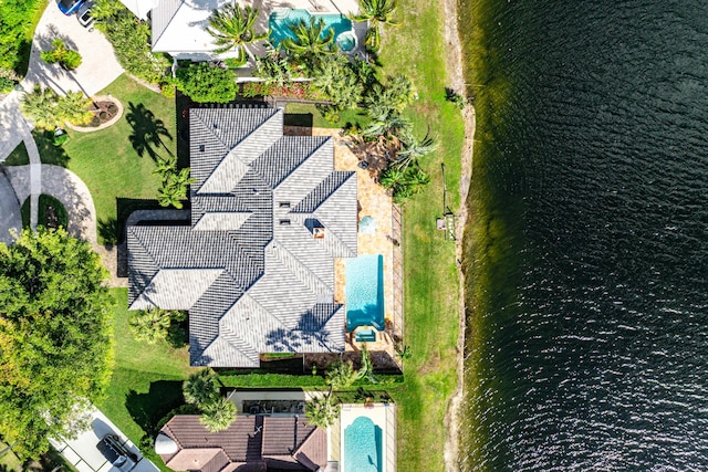 drone / aerial view featuring a water view