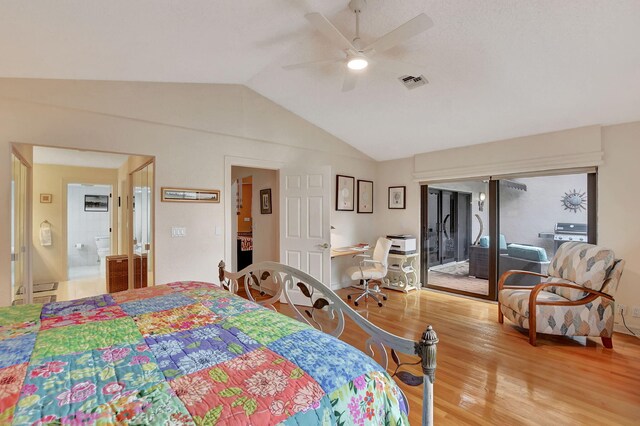 bedroom with vaulted ceiling, wood-type flooring, access to outside, and ceiling fan