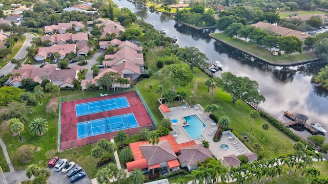 aerial view featuring a water view