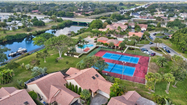 aerial view featuring a water view