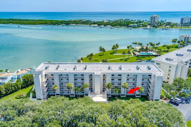 bird's eye view with a water view