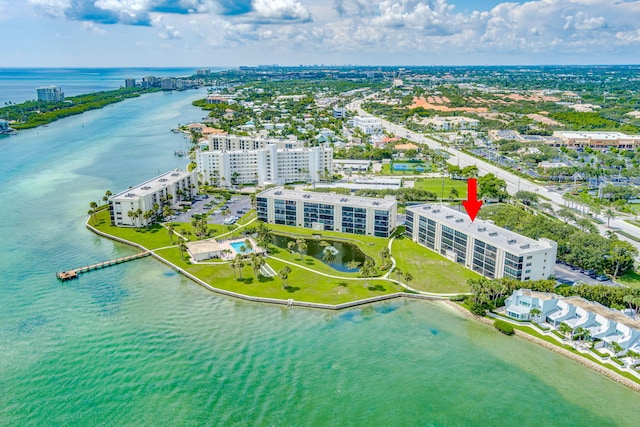 bird's eye view with a water view