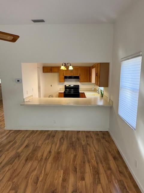 kitchen featuring dark hardwood / wood-style flooring, sink, range, and kitchen peninsula