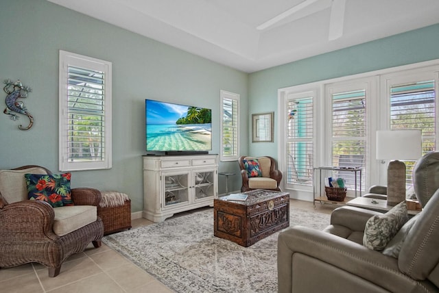 living room with light tile patterned floors