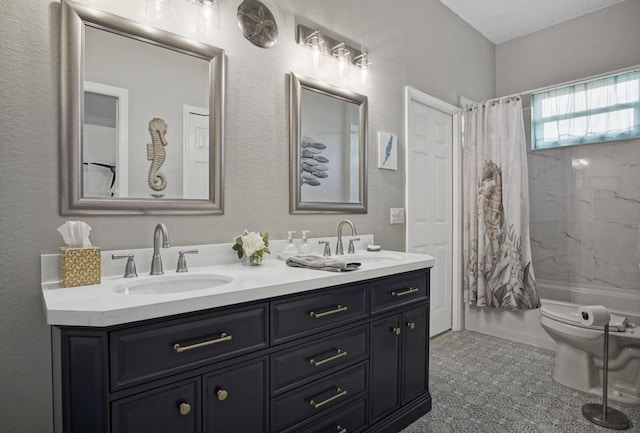 full bathroom with vanity, toilet, and shower / tub combo