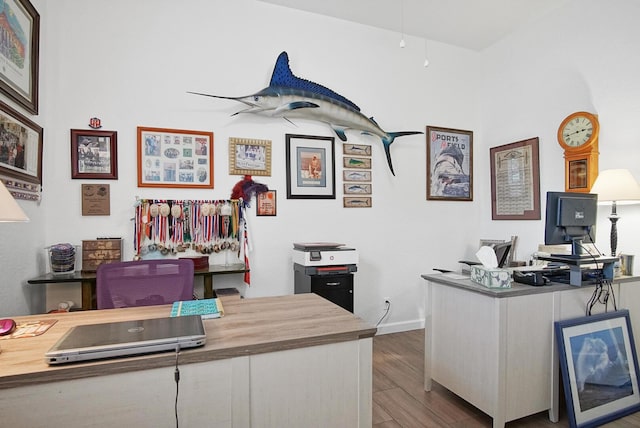 office area with hardwood / wood-style flooring and ceiling fan