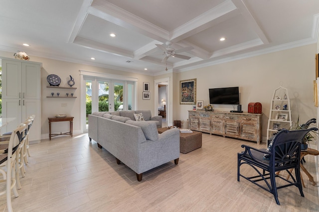 living room with french doors, ornamental molding, coffered ceiling, and beam ceiling