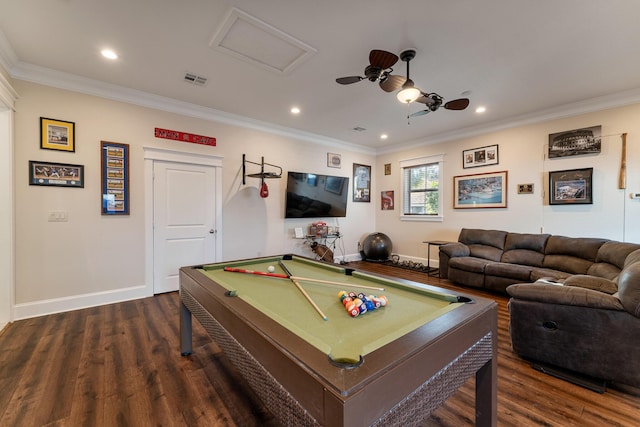 rec room with ceiling fan, ornamental molding, dark hardwood / wood-style flooring, and billiards