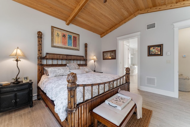 bedroom featuring wood ceiling, lofted ceiling, visible vents, and baseboards