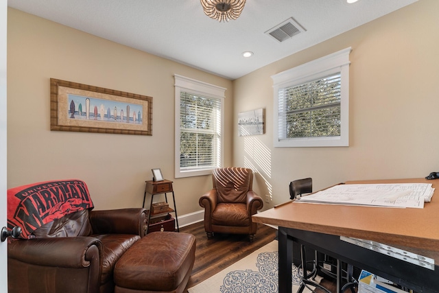 office area with dark hardwood / wood-style floors