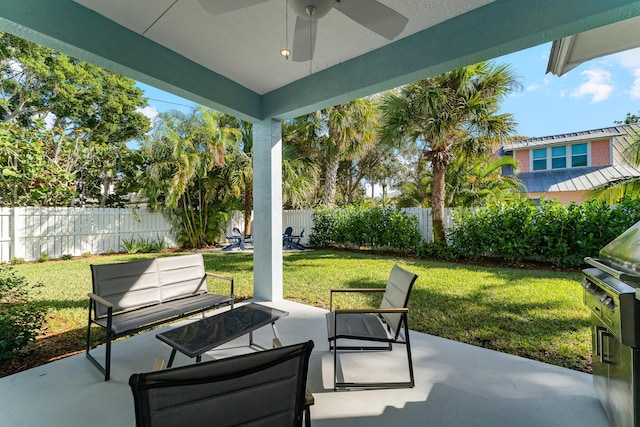 view of patio with an outdoor hangout area and ceiling fan