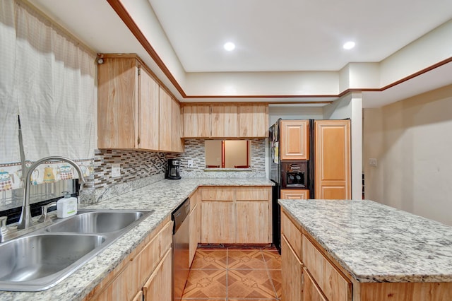 kitchen featuring tasteful backsplash, sink, dishwasher, and light brown cabinets