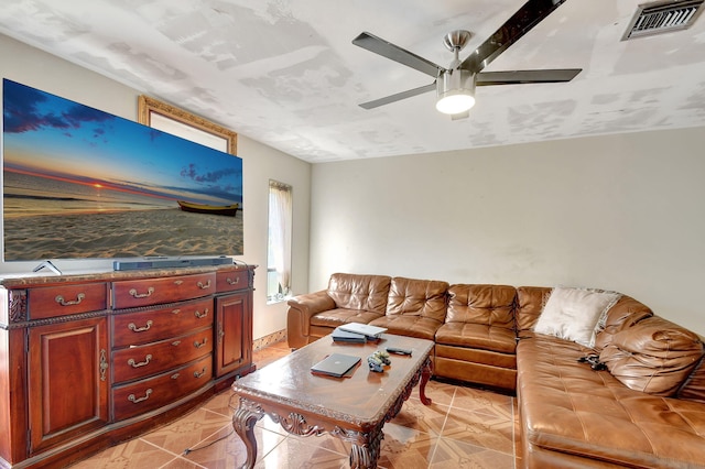 living room featuring ceiling fan