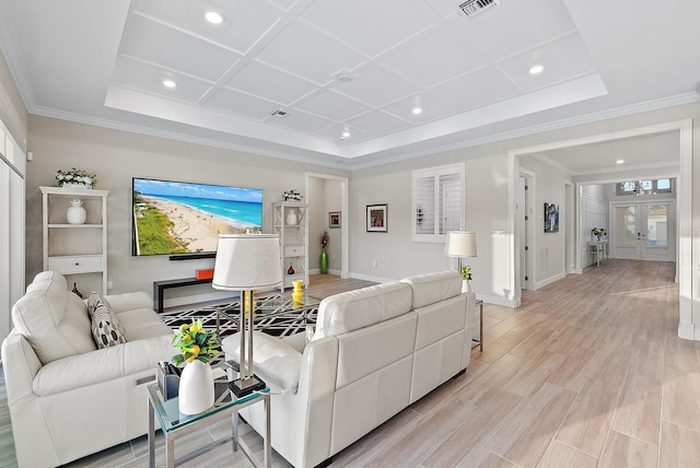 living area featuring light wood finished floors, baseboards, coffered ceiling, crown molding, and recessed lighting