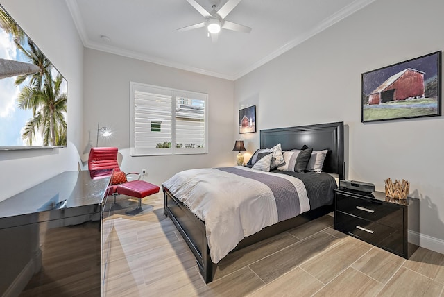 bedroom with ornamental molding, wood tiled floor, baseboards, and a ceiling fan