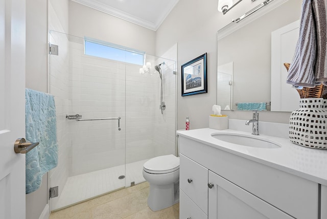 full bathroom with tile patterned flooring, toilet, vanity, a shower stall, and crown molding