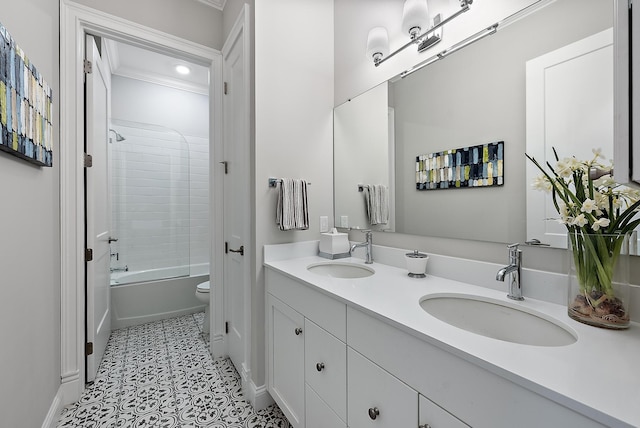 full bathroom featuring tile patterned floors, tub / shower combination, a sink, and double vanity