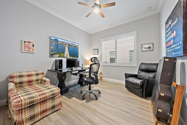 office featuring ceiling fan, ornamental molding, wood finished floors, and baseboards