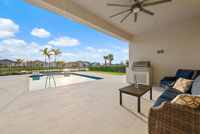 view of pool with a ceiling fan, a patio, area for grilling, a residential view, and fence