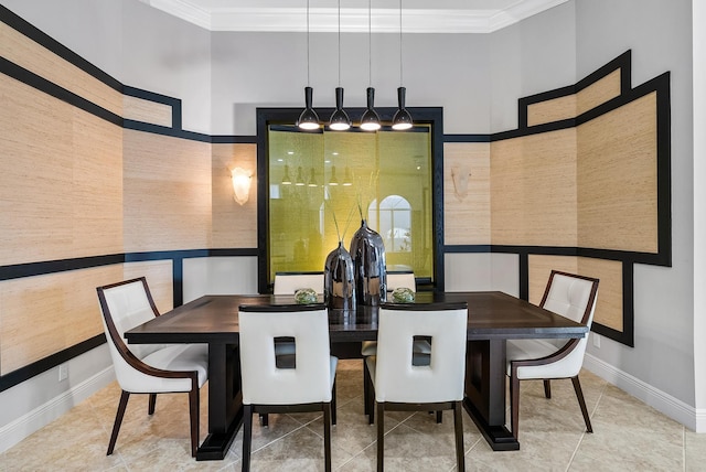 tiled dining room featuring crown molding