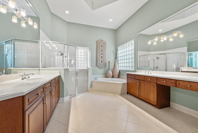 bathroom featuring tile patterned floors, vanity, and plus walk in shower