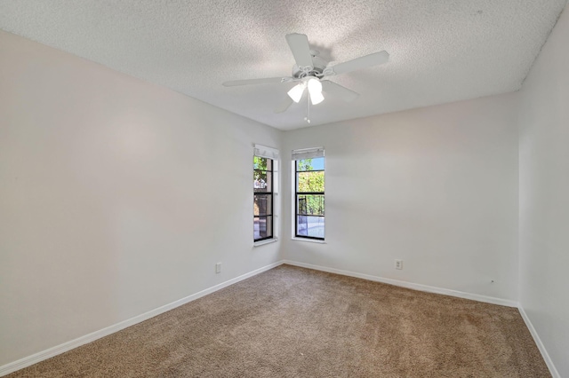 spare room featuring ceiling fan, carpet, and a textured ceiling