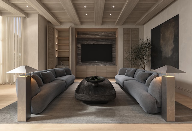 living room featuring wooden ceiling, beamed ceiling, recessed lighting, and wood finished floors