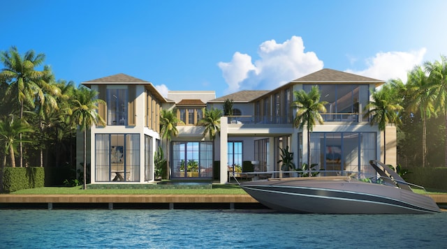 exterior space with a water view