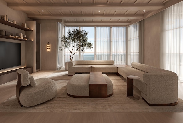 living room with wood ceiling, beam ceiling, and light hardwood / wood-style flooring