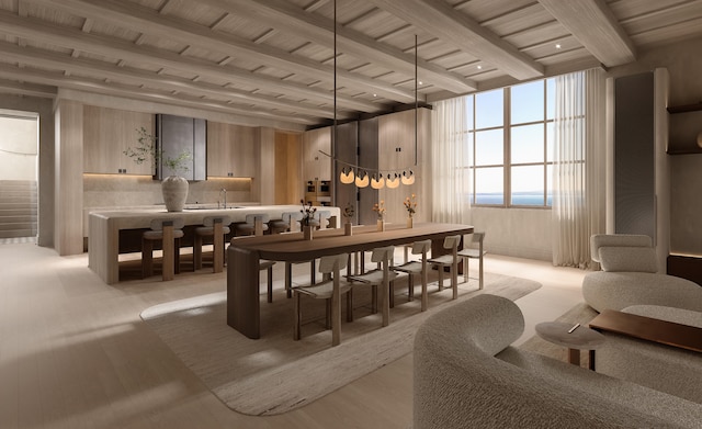 indoor wet bar with beamed ceiling, wood ceiling, and light wood-type flooring