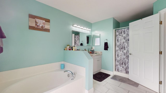 bathroom featuring vanity, shower with separate bathtub, and tile patterned floors