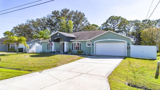 single story home featuring a garage and a front yard